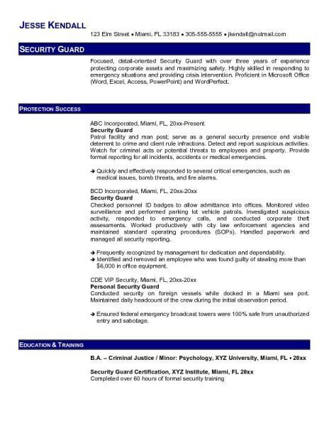 Example Security Guard Resume - Free Sample