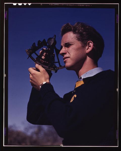 Boys trained in the fundamentals of navigation may become technicians in the armed service, Los Angeles, Calif. Thomas Graham, a member of the Victory Corps at Polytechnic High School, is learning to use a sextant to determine longitude and latitude  (LOC