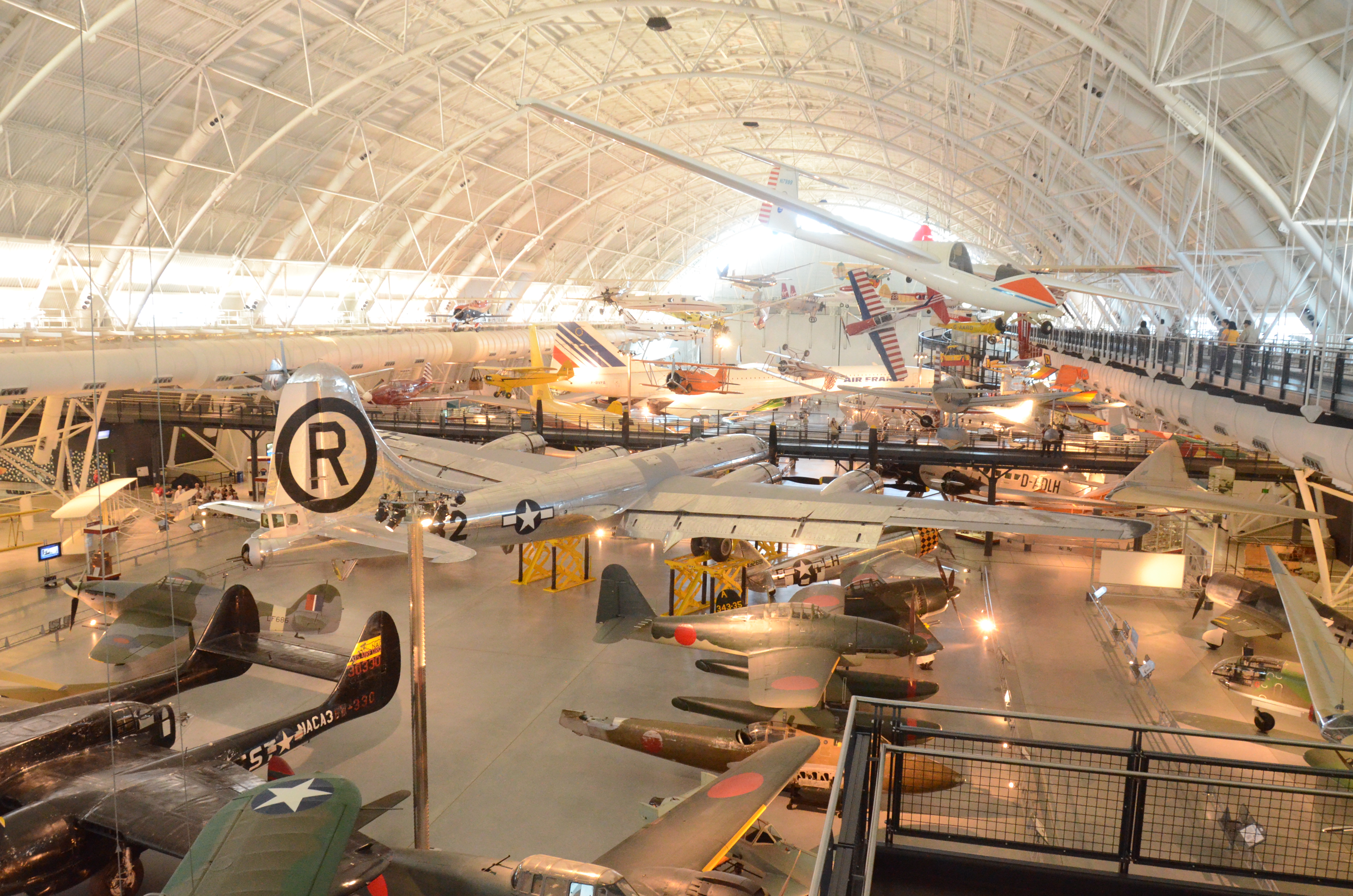 Steven F. Udvar-Hazy Center: View of south hangar, including B-29 Superfortress "Enola Gay", a glimpse of the Air France Concorde, and many others
