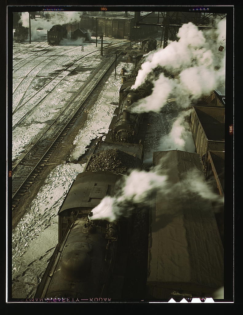 Locomotives lined up for coal, sand and water at the coaling station in the 40th Street yard of the C & NW RR., Chicago, Ill.  (LOC)