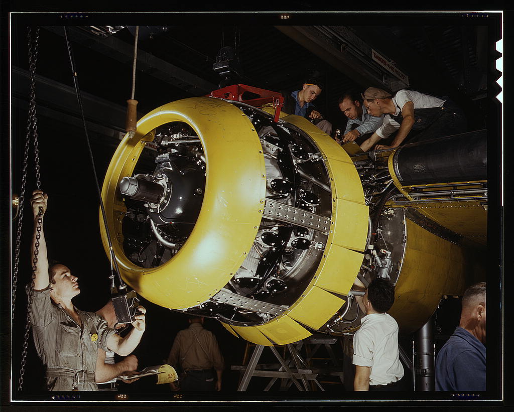 Mounting motor [on a] Fairfax B-25 bomber, at North American Aviation, Inc., plant in [Inglewood], Calif.  (LOC)
