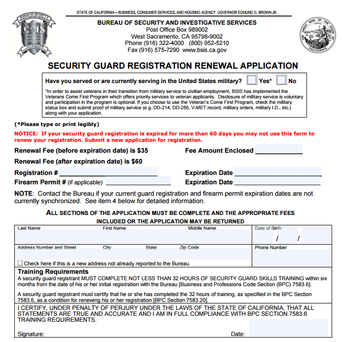 security guard registration renewal application bureau of security and investigation services West Sacramento California