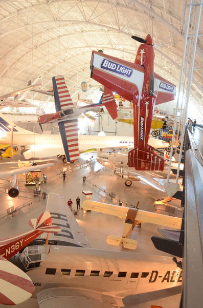 Steven F. Udvar-Hazy Center: South hangar panorama, including stunt planes hanging over the Concorde, among others