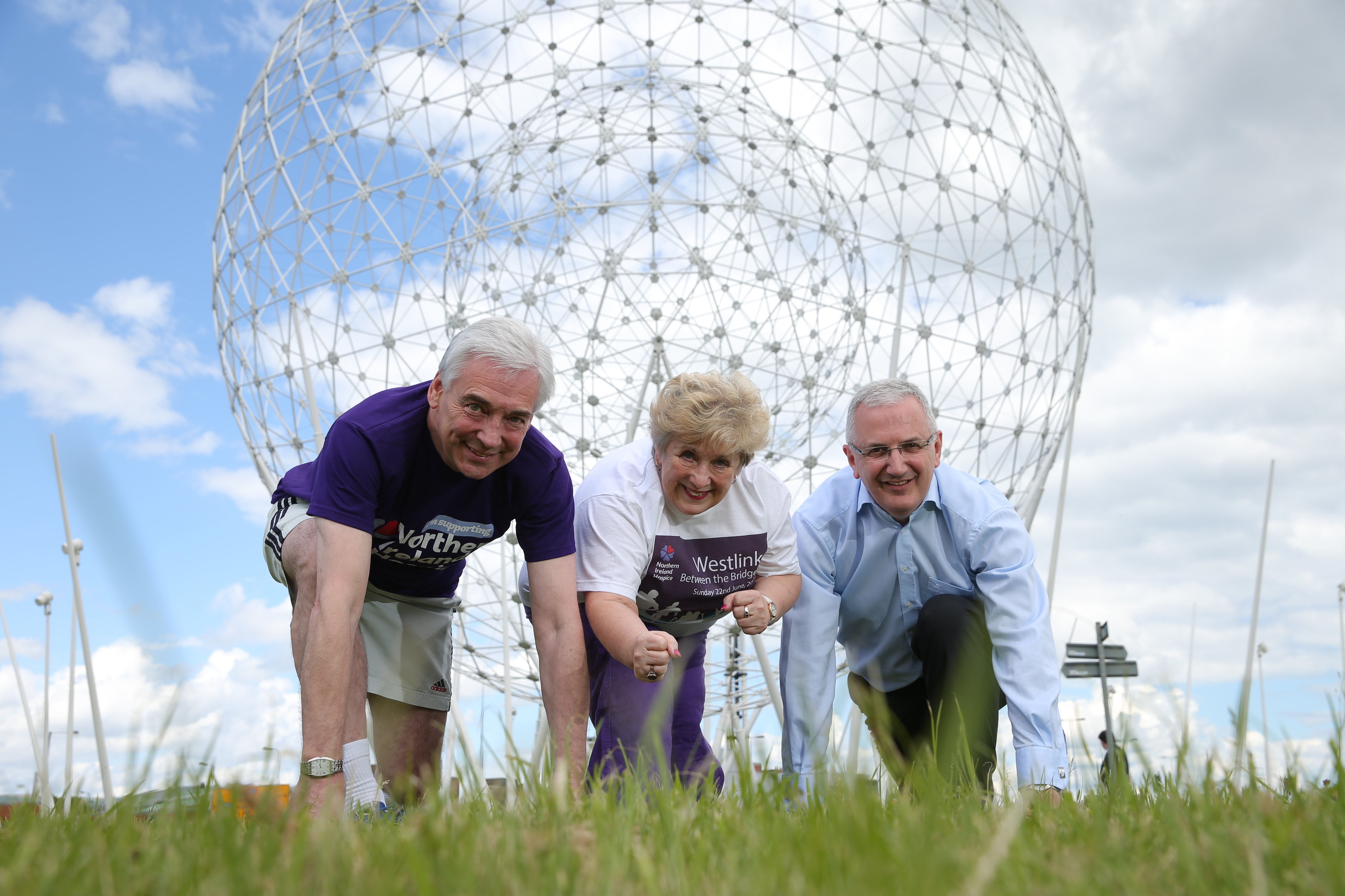 Transport Minister  Danny Kennedy joined UTV’s Paul Clark and actress Olivia Nash at the Rise sculpture in Belfast’s Westlink - to get behind the Northern Ireland  Hospice  challenge