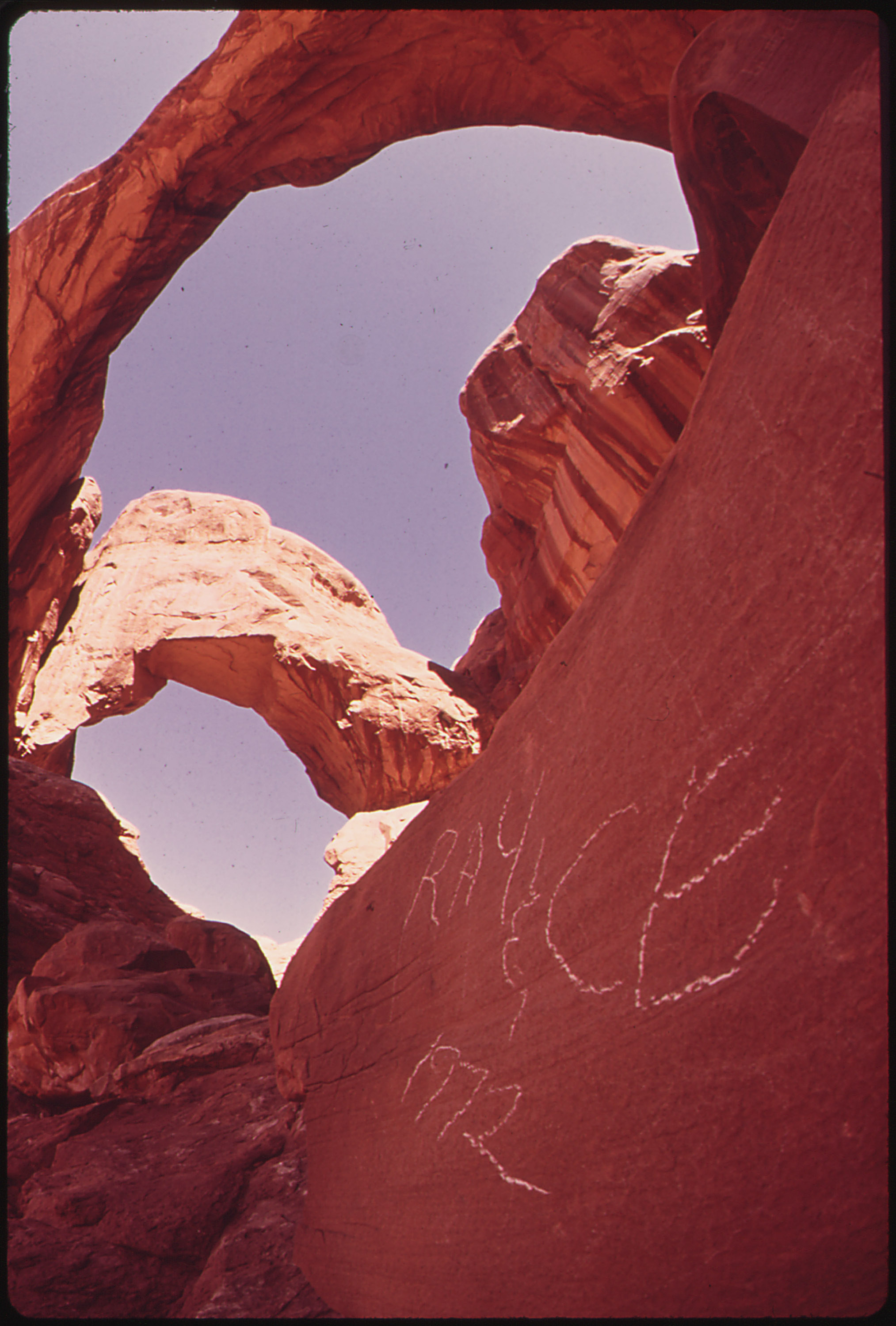 Double Arch in Windows Section of Arches National Park Windows Is One of the Parks Most Visited Areas. Graffiti on Rock Is Common Kind of Vandalism, 05/1972