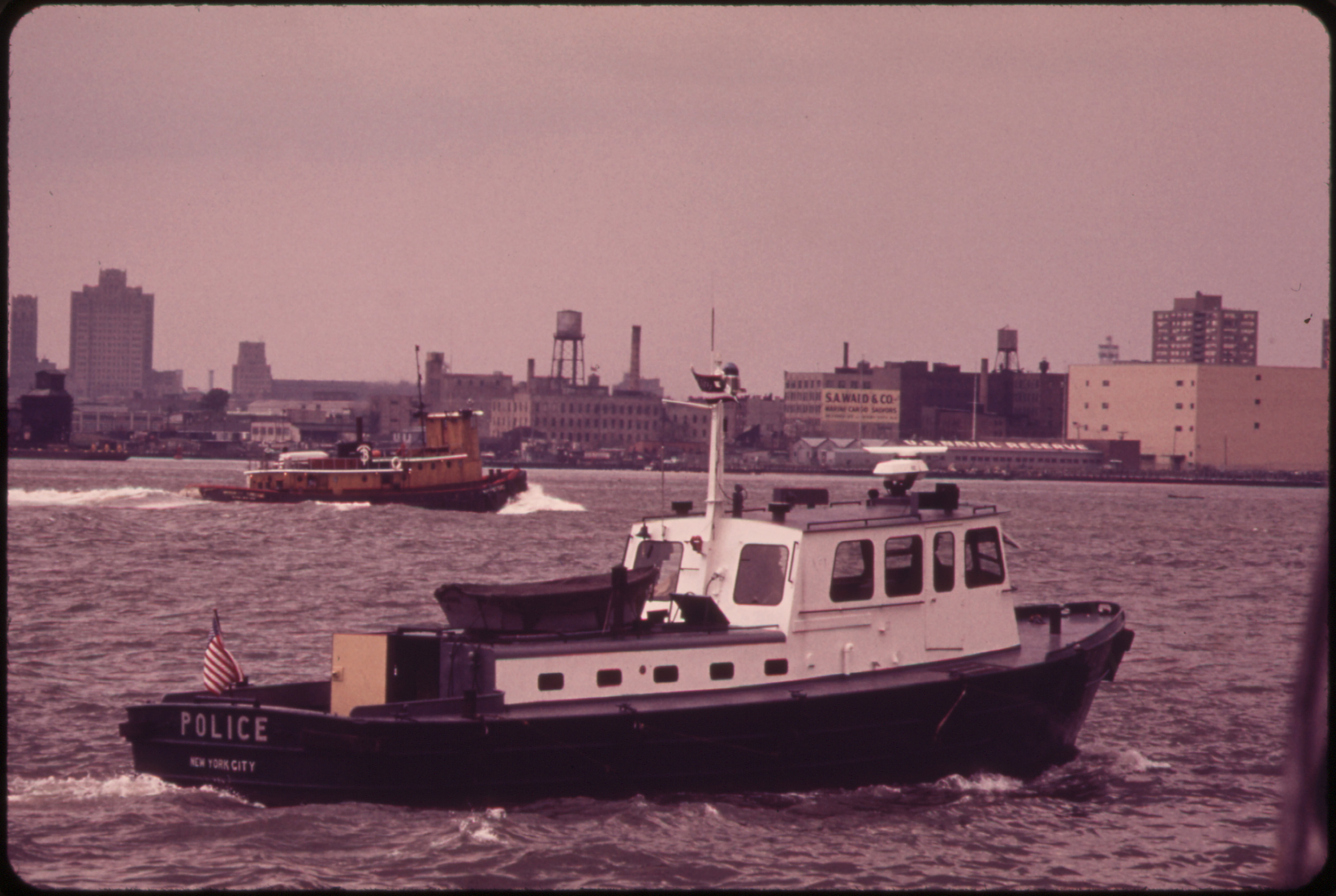 Police Launch on Patrol on the Hudson River off Battery Park on the Lower Tip of Manhattan 05/1973