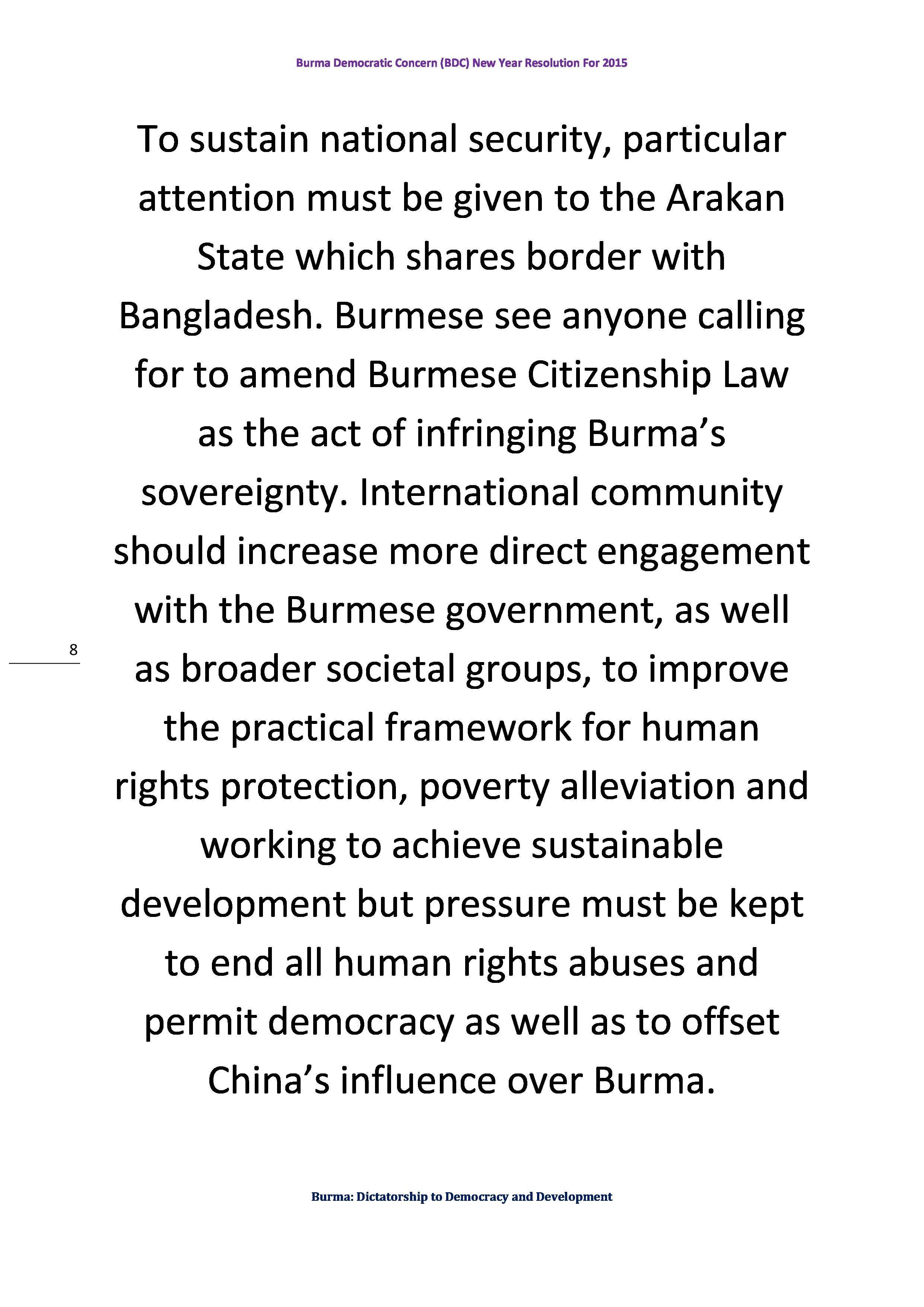 Burma Democratic Concern (BDC) New Year Resolution For 2015