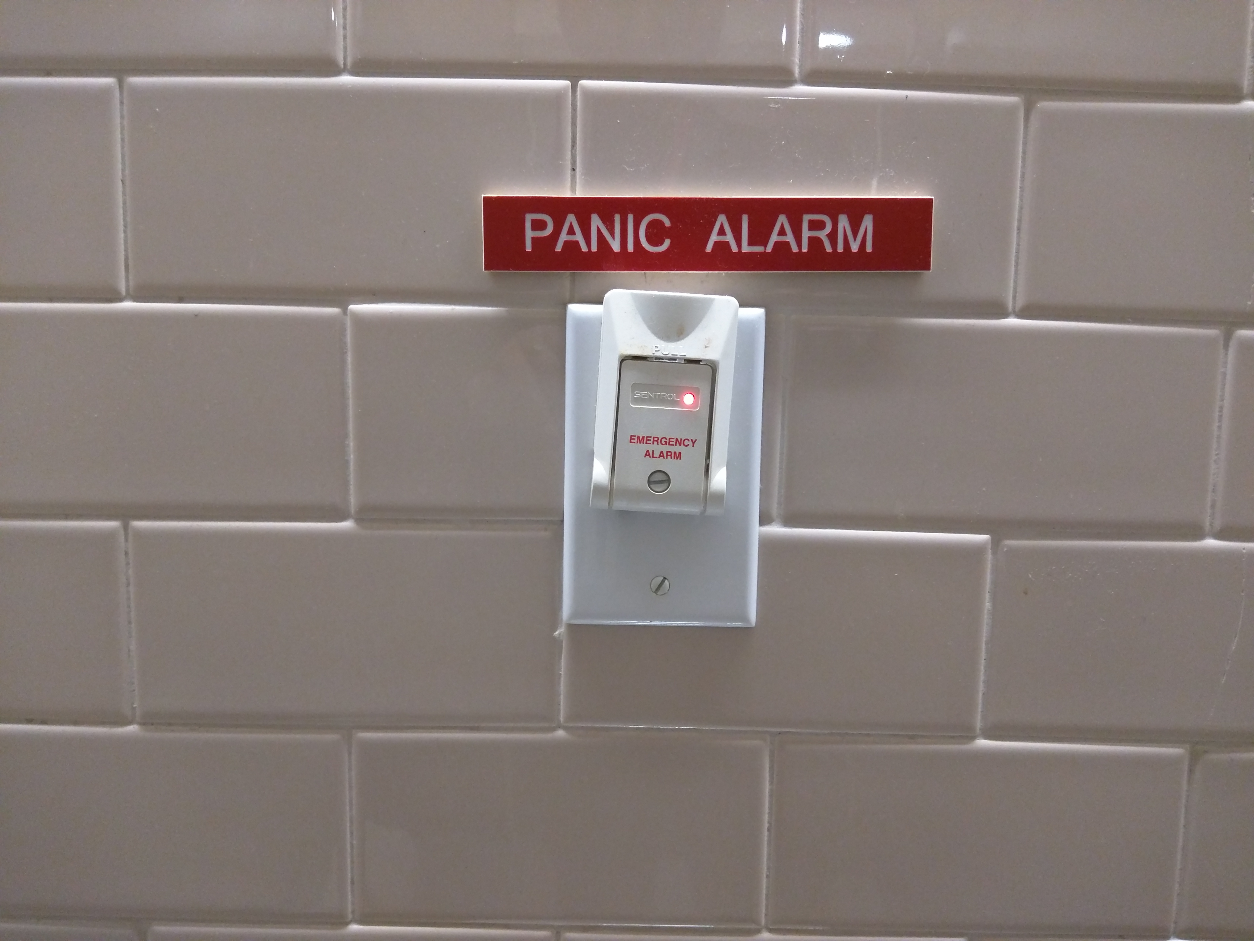 Panic Alarm sign, toilet, NYU Campus, Personal Democracy Forum, New York City, NY, USA