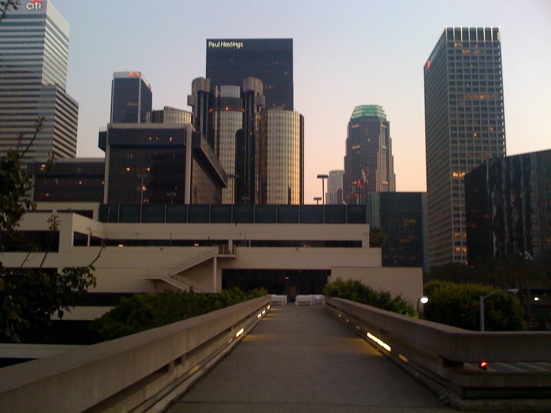 Pedestrian footbridge to Los Angeles World Trade Center w/ Westin Bonaventure Hotel, Paul Hastings building, Aon Center, and Citi building