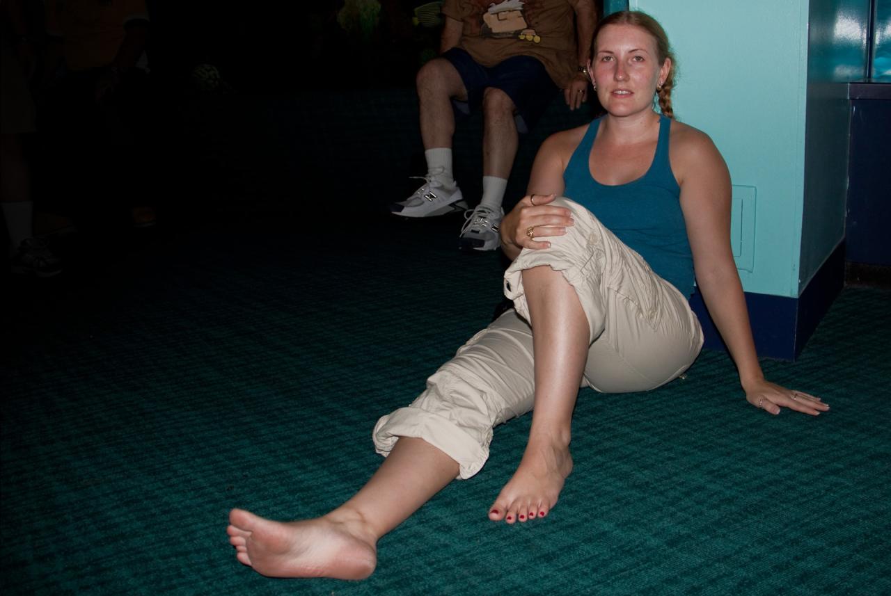 A shot of Sarah plopped down in line for one of the Living Seas shows.  They frown on that at Disney.  But with a license to kill, even the Disney security guards know when to let it go!