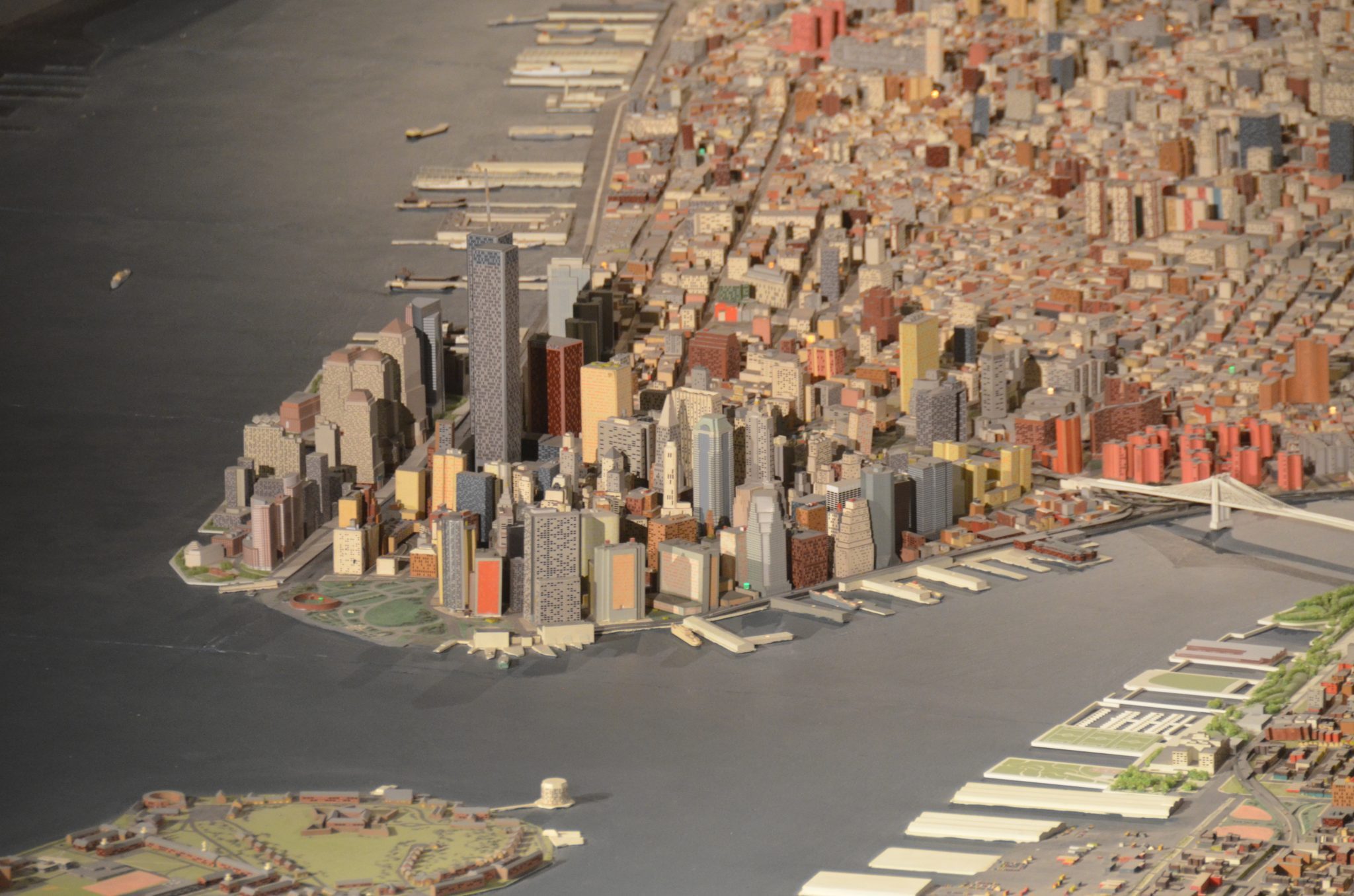 Queens Museum of Art | The Panorama of the City of New York | lower Manhattan, including the twin towers of the World Trade Center, part of the Brooklyn Bridge & Brooklyn, and Governors Island